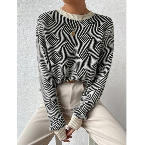 Black on Beige Textured Pullover Knit Long Sleeve Sweater - Picture 1 of 10